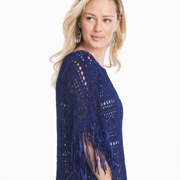 WHBM Open Knit Fringe Poncho Top S - Picture 3 of 9
